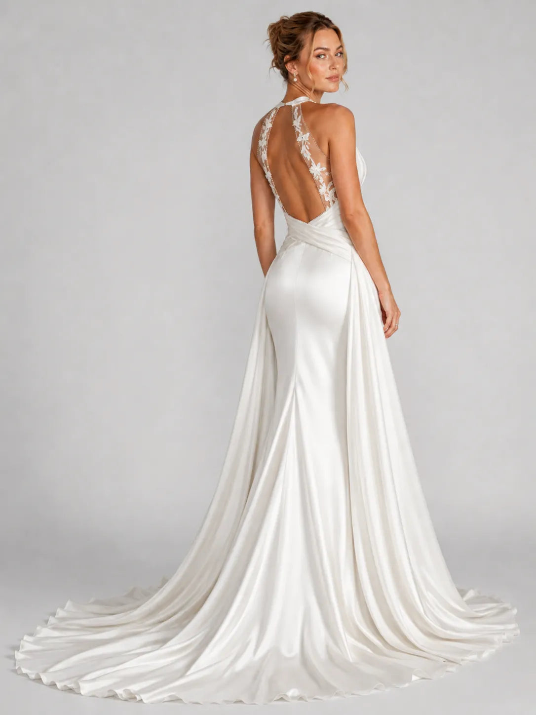 Elegant Halter Satin Wedding Dress with Lace Open Back and Draped Chapel Train
