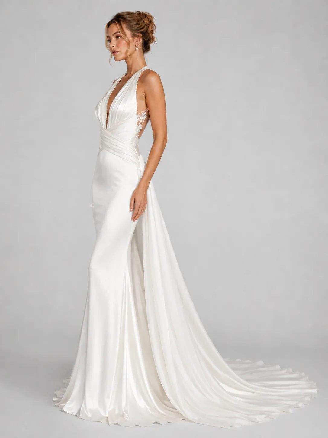 Elegant Halter Satin Wedding Dress with Lace Open Back and Draped Chapel Train