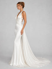 Elegant Halter Satin Wedding Dress with Lace Open Back and Draped Chapel Train