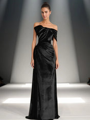 Off-Shoulder Bowknot Detail Velvet Maxi Gown Formal Evening Dress