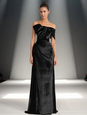 Off-Shoulder Bowknot Detail Velvet Maxi Gown Formal Evening Dress