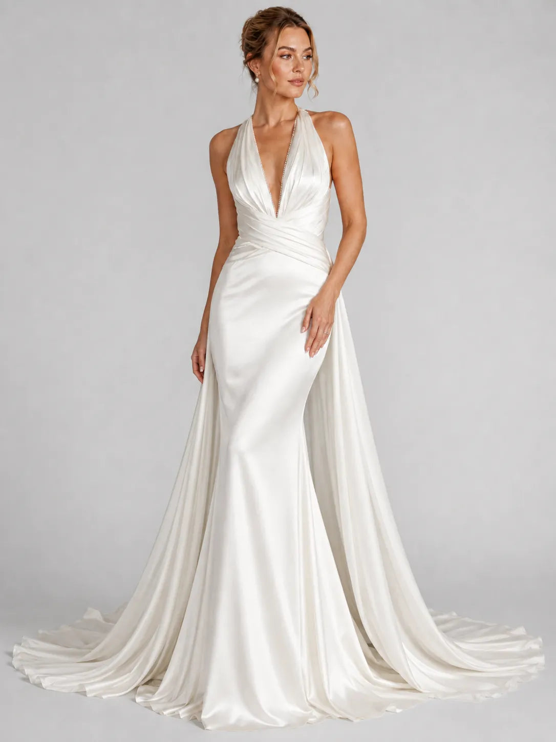 Elegant Halter Satin Wedding Dress with Lace Open Back and Draped Chapel Train