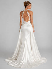 Elegant Halter Satin Wedding Dress with Lace Open Back and Draped Chapel Train