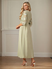 Crew Neck  A Line Ruffle Ruched Lace Maxi Dress Mother Of The Bride Dress