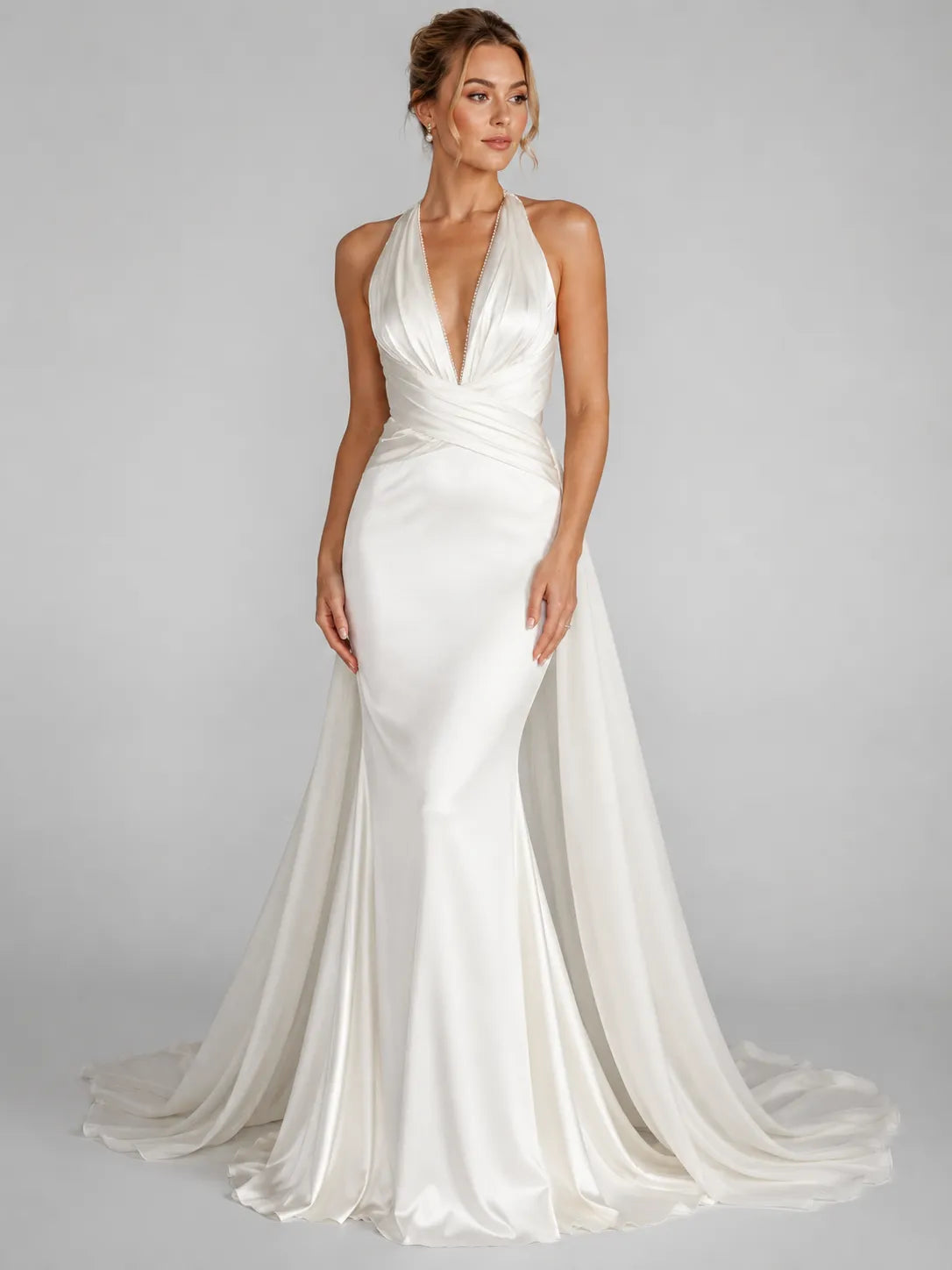 Elegant Halter Satin Wedding Dress with Lace Open Back and Draped Chapel Train