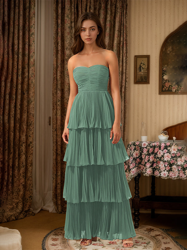 Burgundy A-Line Sweetheart Floor Length Tiered Chiffon Bridesmaid Dress