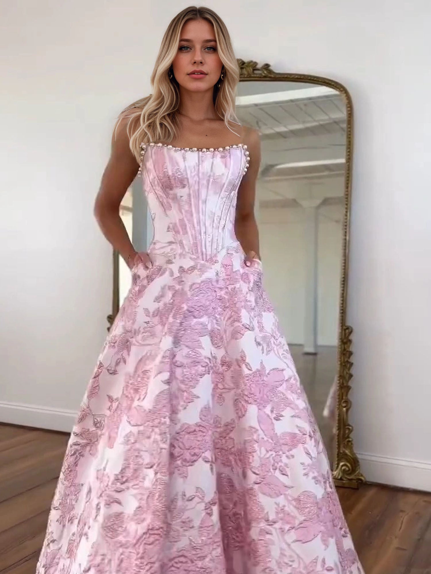 Prom Dresses 3D Floral Strapless Evening Party Dresses with Bead