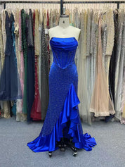 Hot Pink Mermaid Strapless Corset Bodice Long Prom Dress with Ruffle Slit
