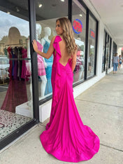 Hot Pink V-Neck Prom Dress with Cascading Back Ruffle