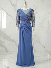 Bateau Neck Beaded Evening Gown with 3/4 Sheer Sleeves Mother of The Bride Dresses