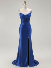 Sparkly Satin Mermaid Long Corset Prom Dress with Beading