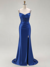 Sparkly Satin Mermaid Long Corset Prom Dress with Beading