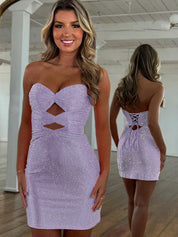 Orange Bodycon Strapless Sweetheart Short Homecoming Dresses with Keyholes