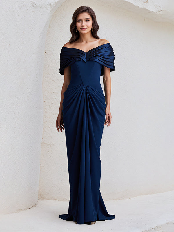 Royal Blue Sheath/Column Off The Shoulder Floor Length Stretch Crepe Dress