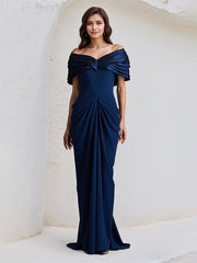 Royal Blue Sheath/Column Off The Shoulder Floor Length Stretch Crepe Dress