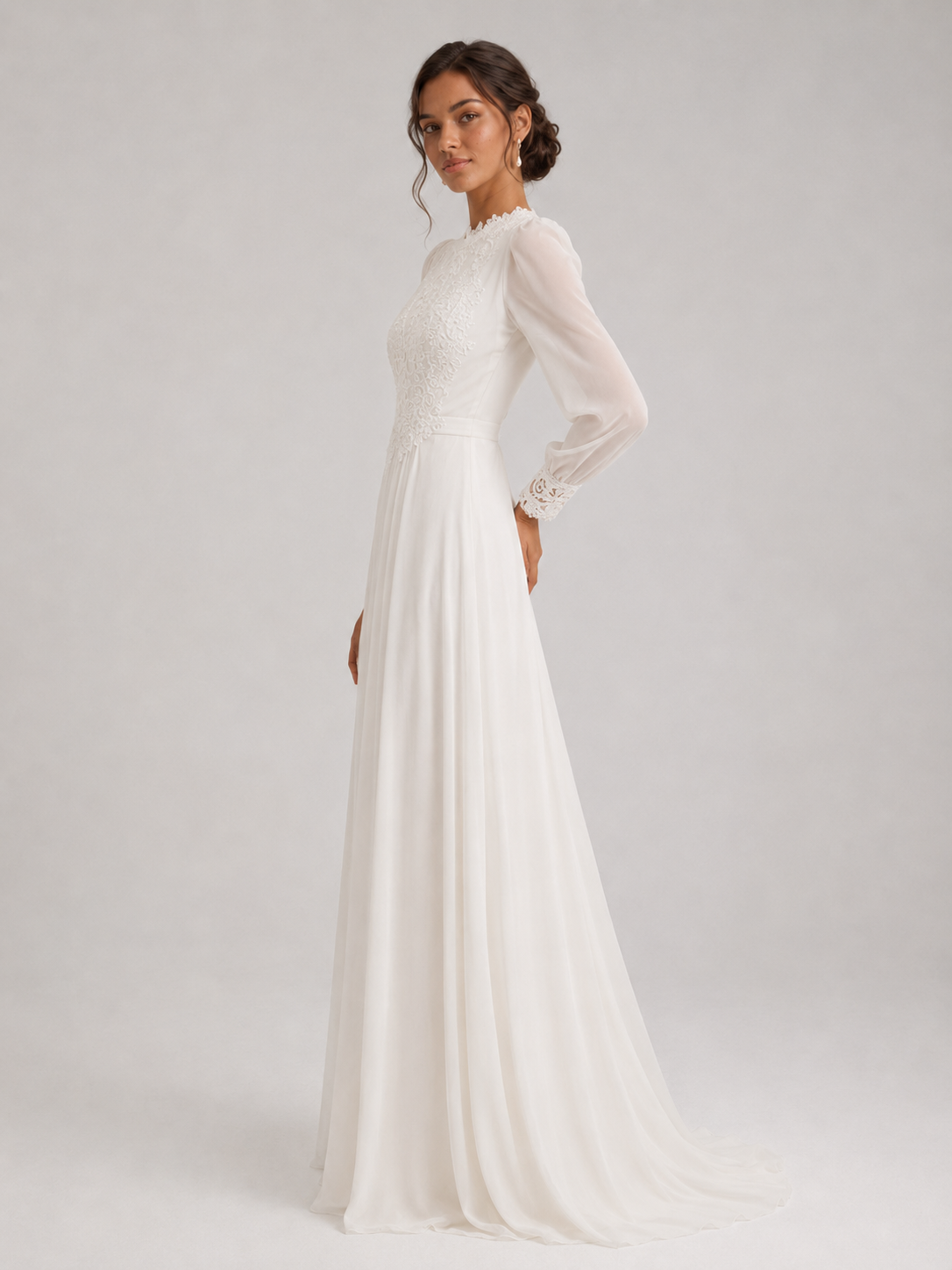 Elegant High-Neck Lace Long-Sleeve A-Line Wedding Dress with Sweep Train
