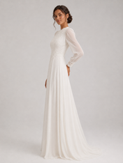 Elegant High-Neck Lace Long-Sleeve A-Line Wedding Dress with Sweep Train