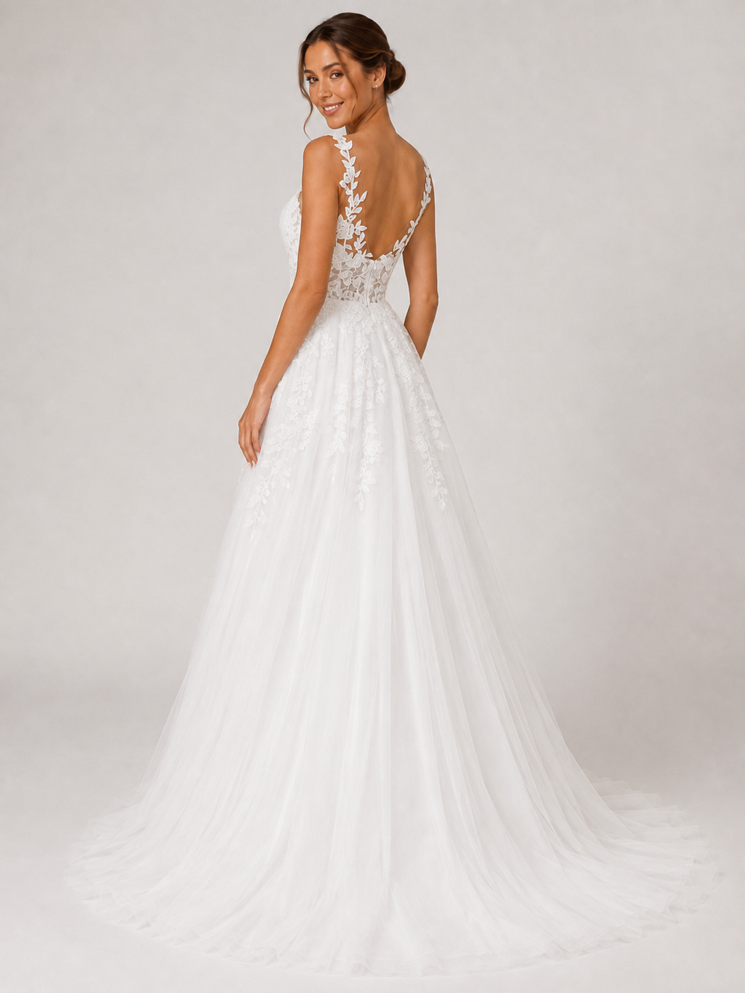 Elegant V-Neck Lace Applique Tulle A-Line Wedding Dress with Chapel Train