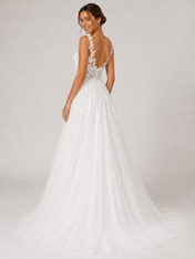 Elegant V-Neck Lace Applique Tulle A-Line Wedding Dress with Chapel Train