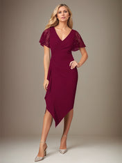 Burgundy Stretch Crepe V-Neck Short Sleeves Tea-Length Dress