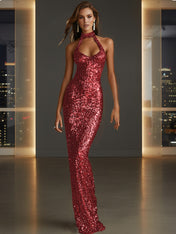 Glamorous Gold Sequin Halter Neck Mermaid Long Prom Dress