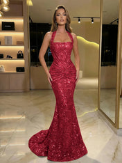 Gold Sequin Halter Mermaid Prom Dress with Ruched Waist