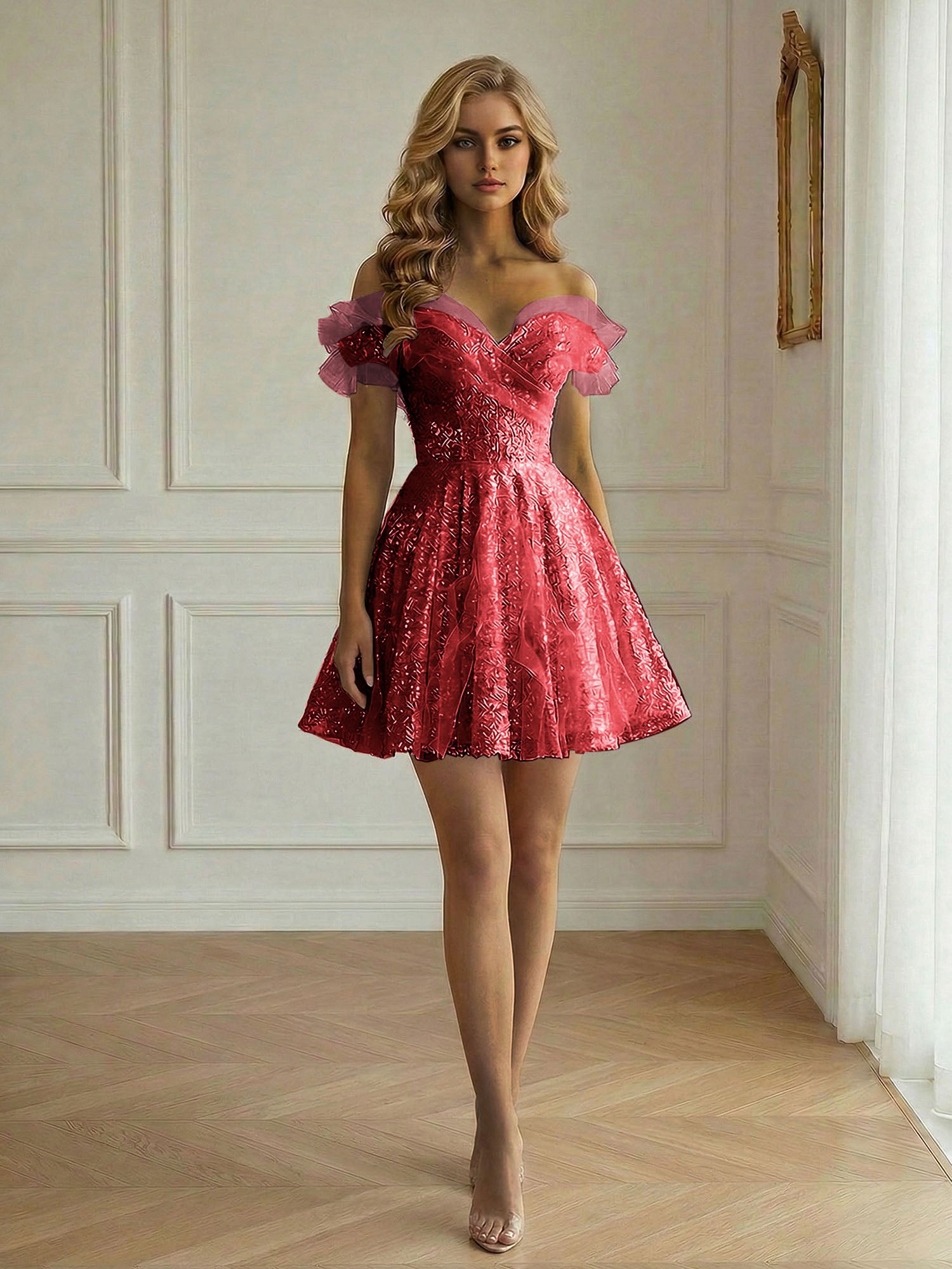 Off-the-Shoulder Lace-Up Back Iridescent Tulle Party Dress Homecoming Dress