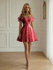 Off-the-Shoulder Lace-Up Back Iridescent Tulle Party Dress Homecoming Dress