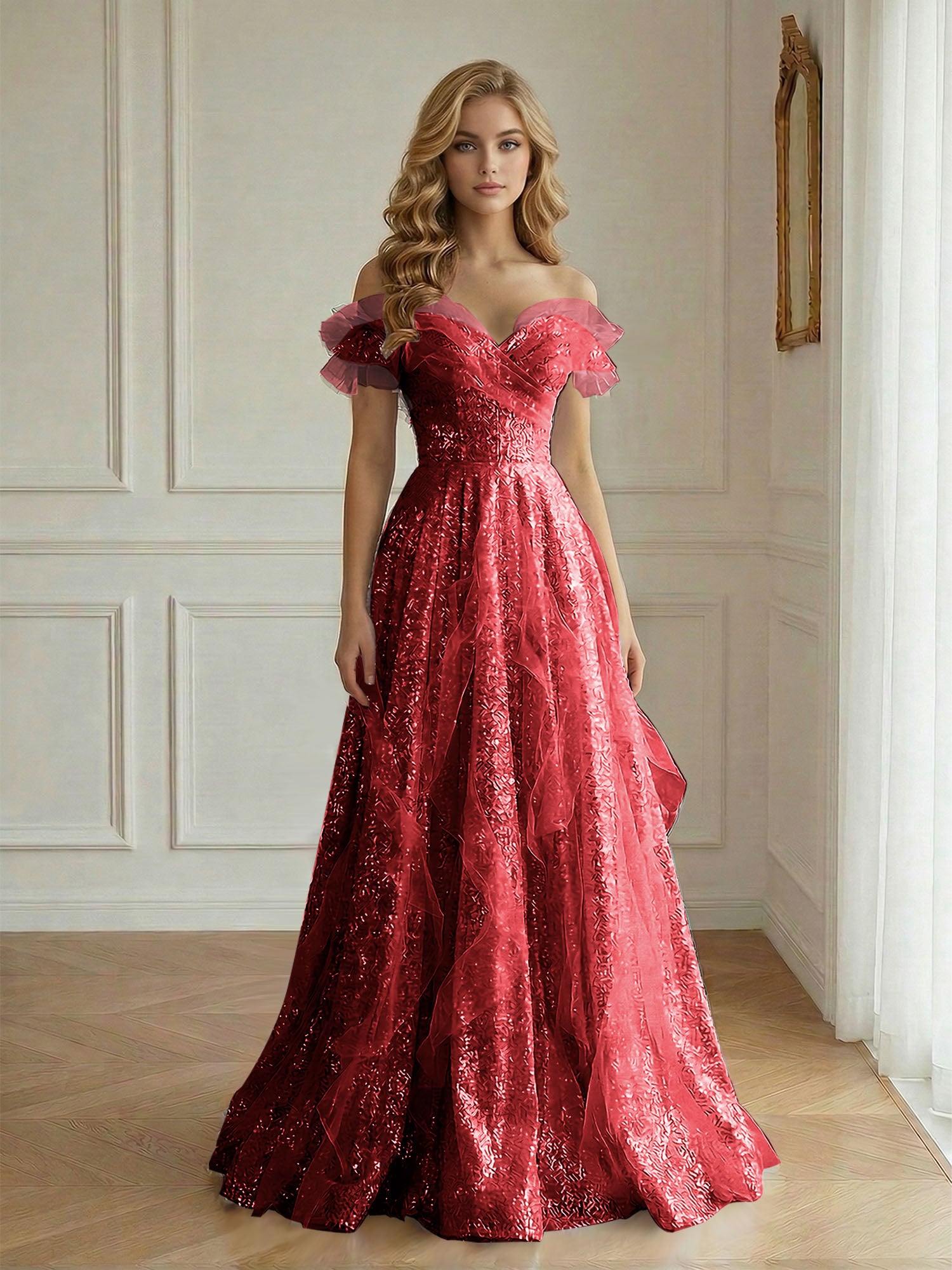Off-the-Shoulder Sequin Tulle A-Line Gown with Ruffle Accents Prom Dress