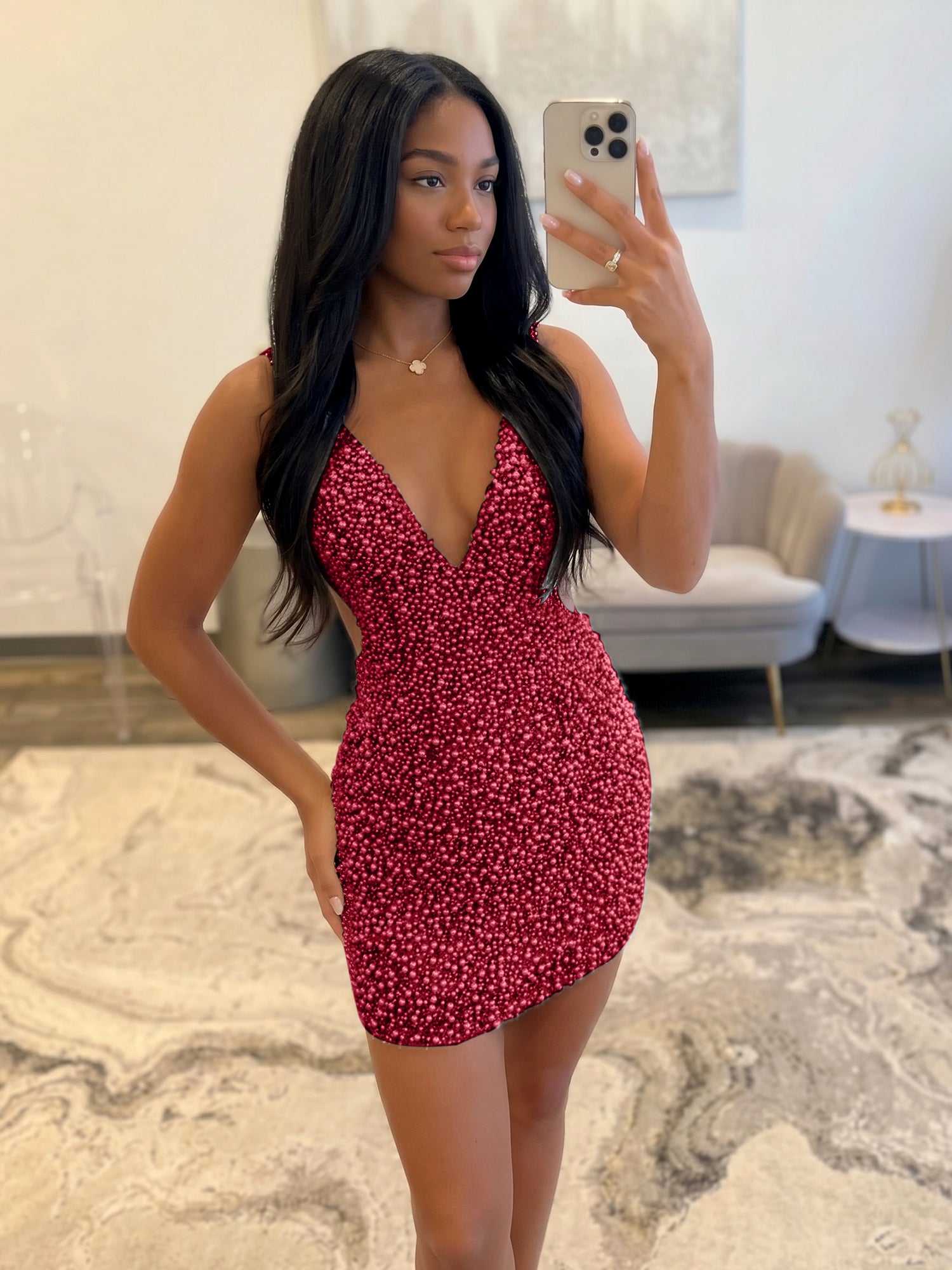 White V Neck Pearl Embellished Short Homecoming Dresses