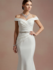 Elegant Evening Satin Dress Off-Shoulder Mermaid White Rhinestone Formal Dress