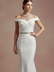 Elegant Evening Satin Dress Off-Shoulder Mermaid White Rhinestone Formal Dress