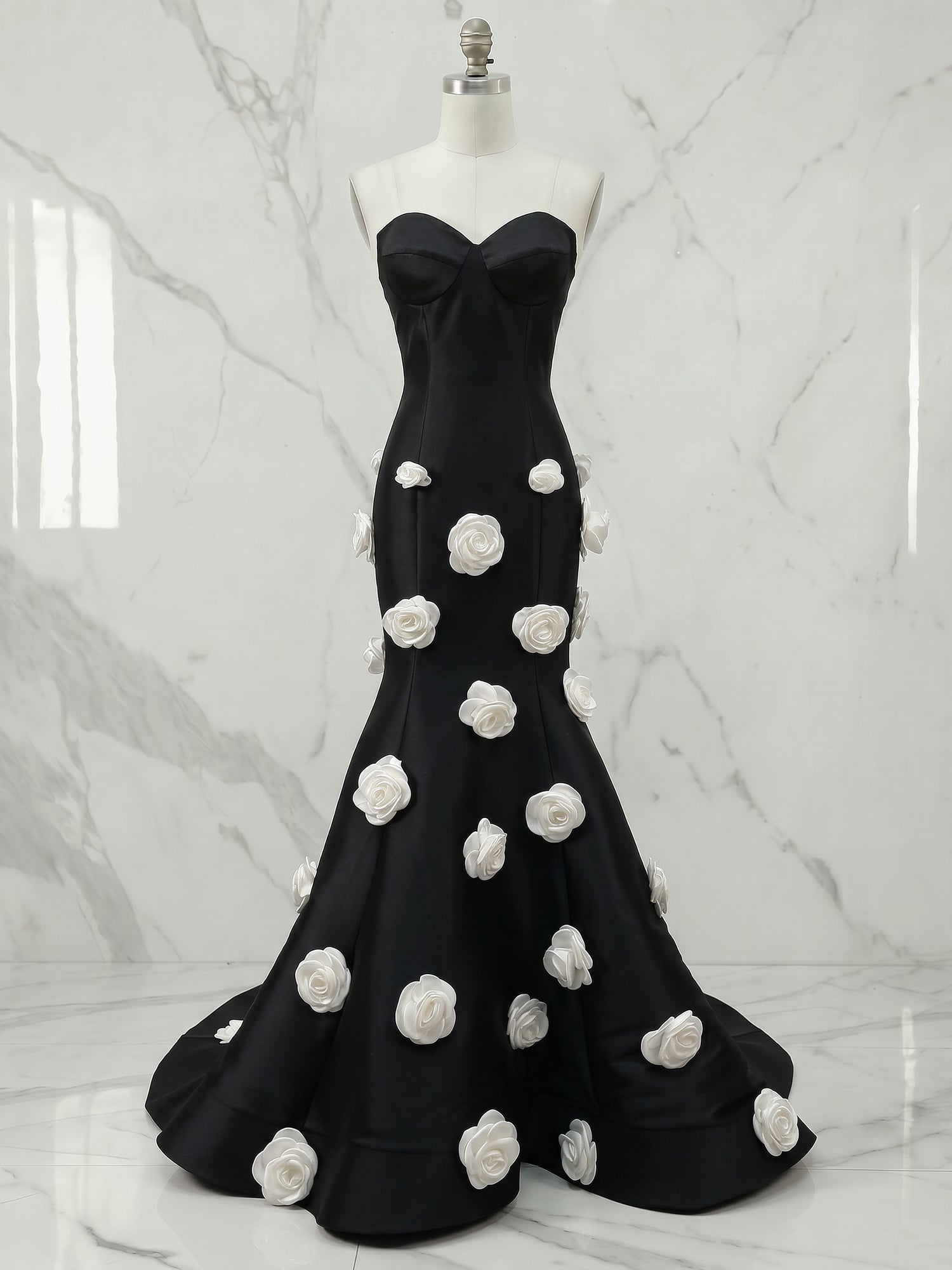 Black 3D White Floral Bustier Mermaid Wedding Guest Dress Evening Gown