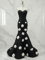 Black 3D White Floral Bustier Mermaid Wedding Guest Dress Evening Gown