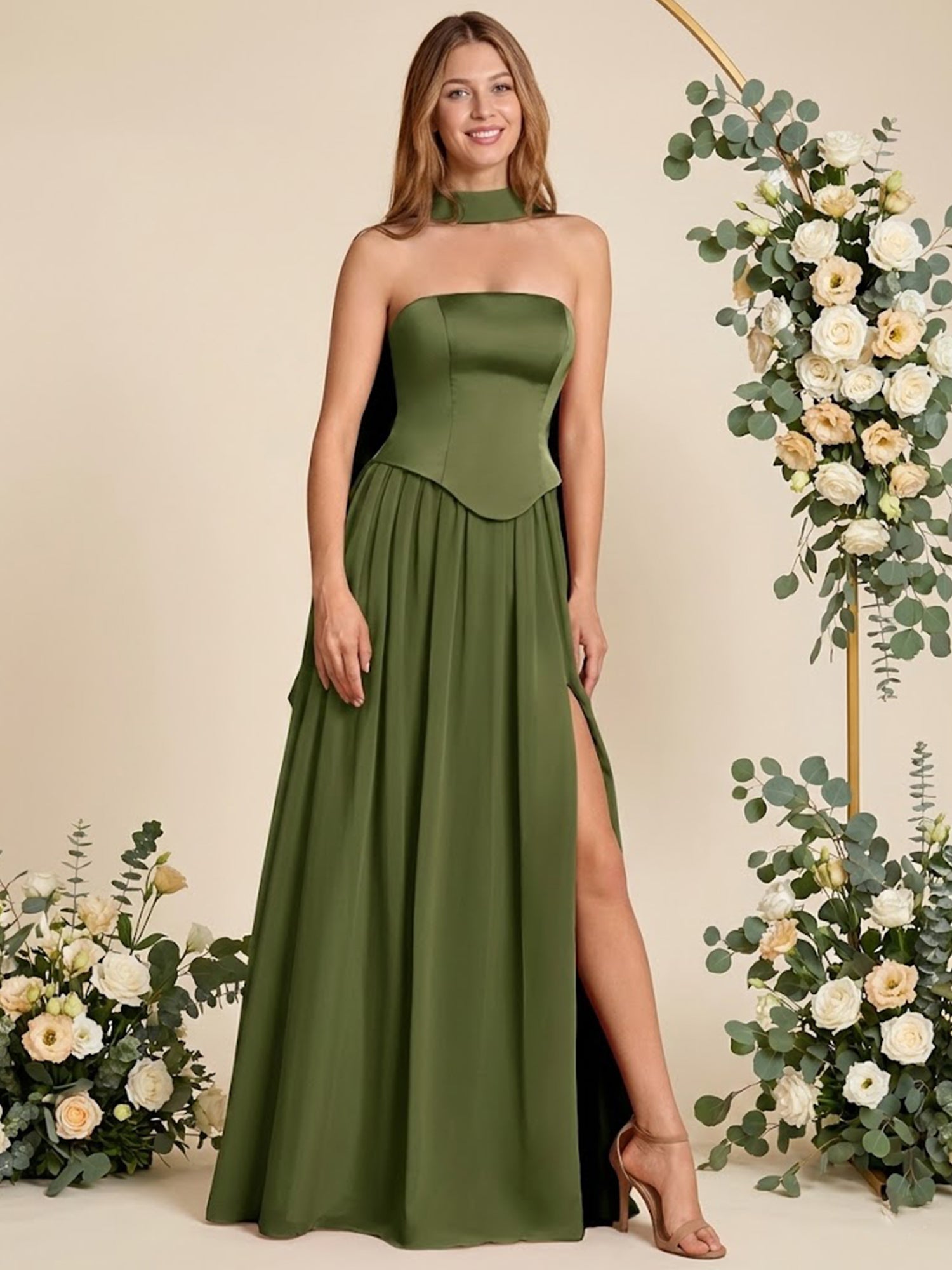 Strapless Pleat A Line Chiffon Long Bridesmaid Dresses with Scarf