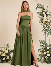 Strapless Pleat A Line Chiffon Long Bridesmaid Dresses with Scarf