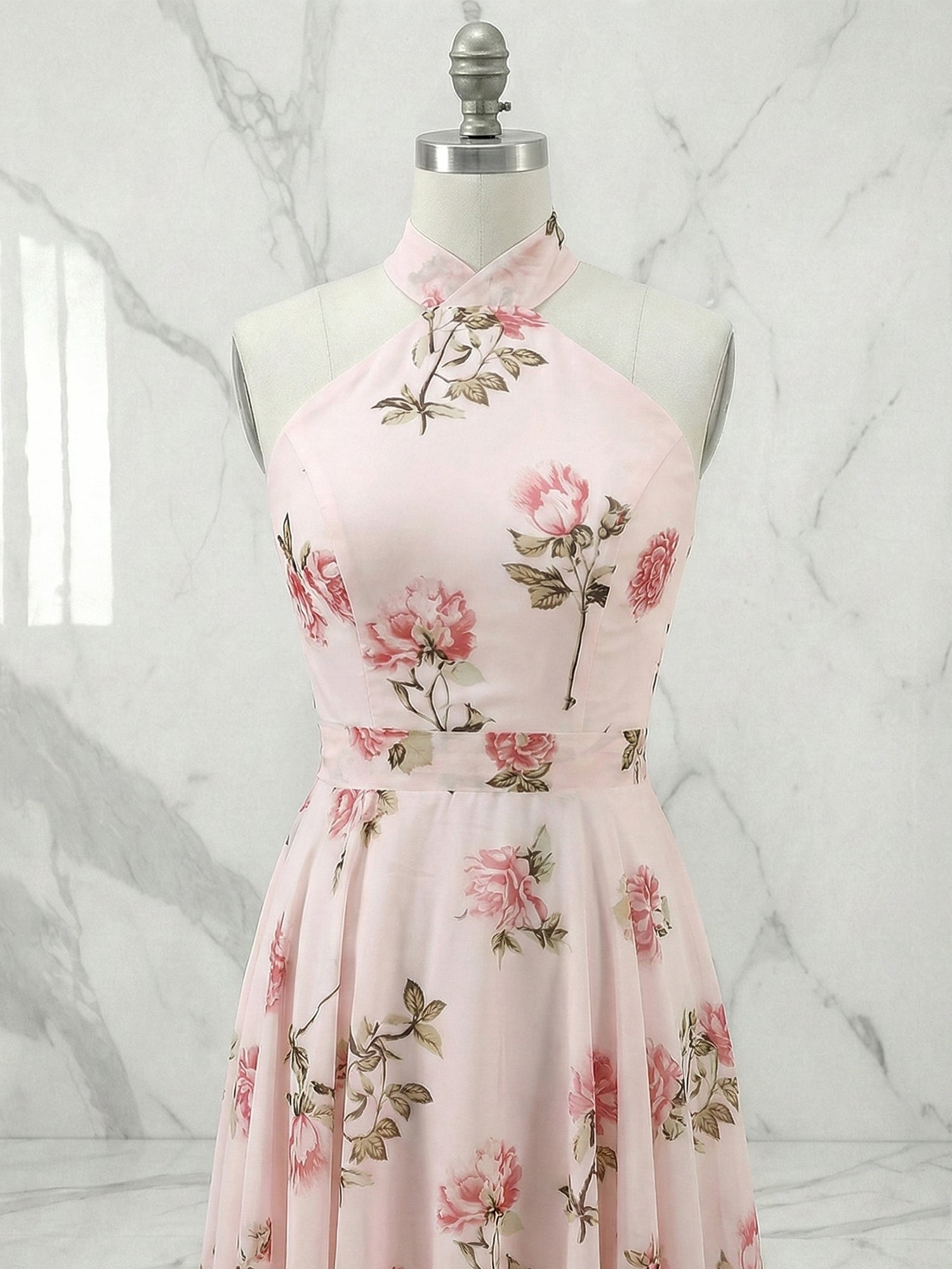 Pink Classic Floral Halter Short Sleeve A-Line Maxi Dress