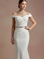 Elegant Evening Satin Dress Off-Shoulder Mermaid White Rhinestone Formal Dress