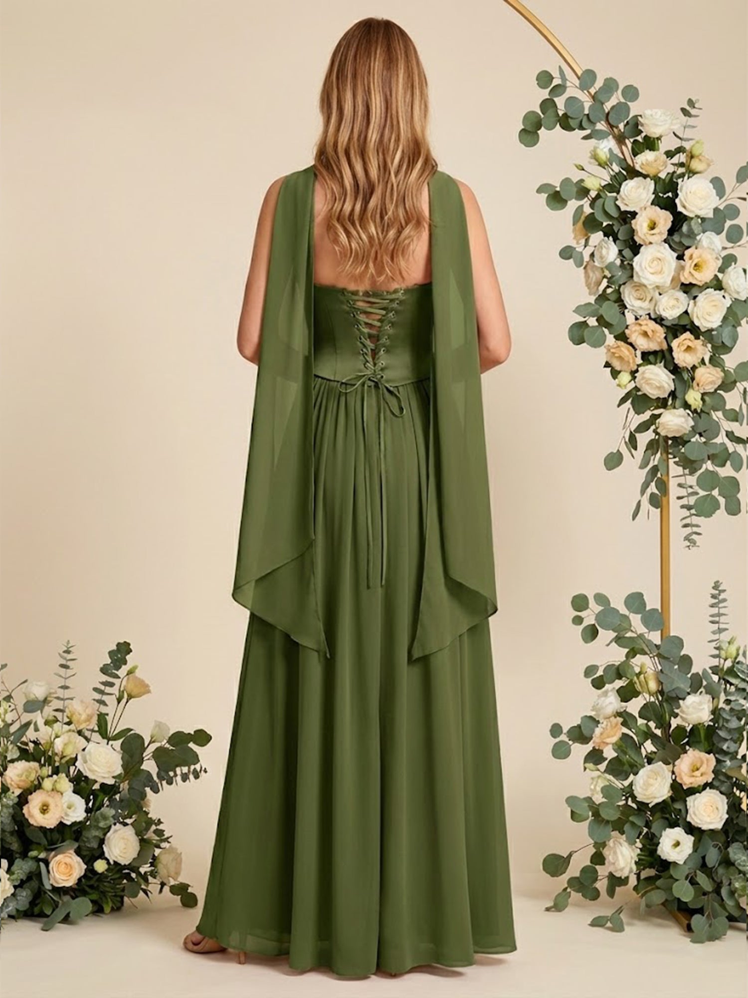 Strapless Pleat A Line Chiffon Long Bridesmaid Dresses with Scarf