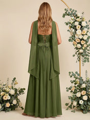 Strapless Pleat A Line Chiffon Long Bridesmaid Dresses with Scarf