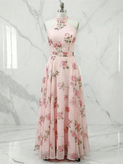 Pink Classic Floral Halter Short Sleeve A-Line Maxi Dress