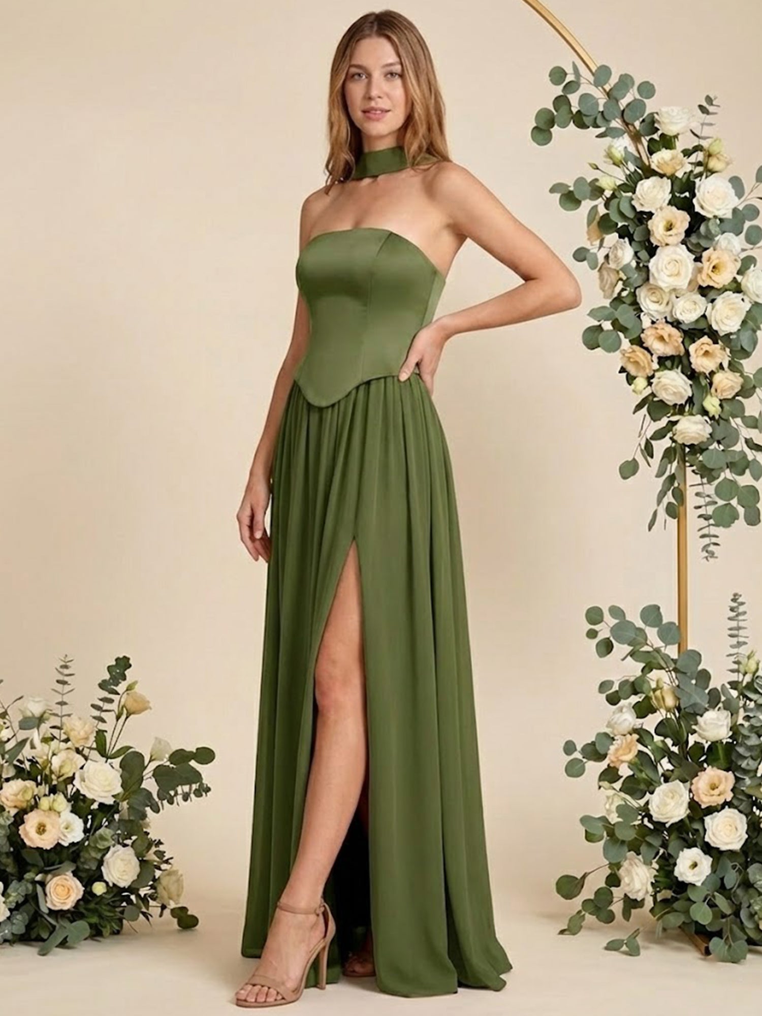 Strapless Pleat A Line Chiffon Long Bridesmaid Dresses with Scarf