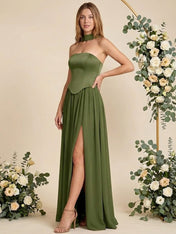 Strapless Pleat A Line Chiffon Long Bridesmaid Dresses with Scarf