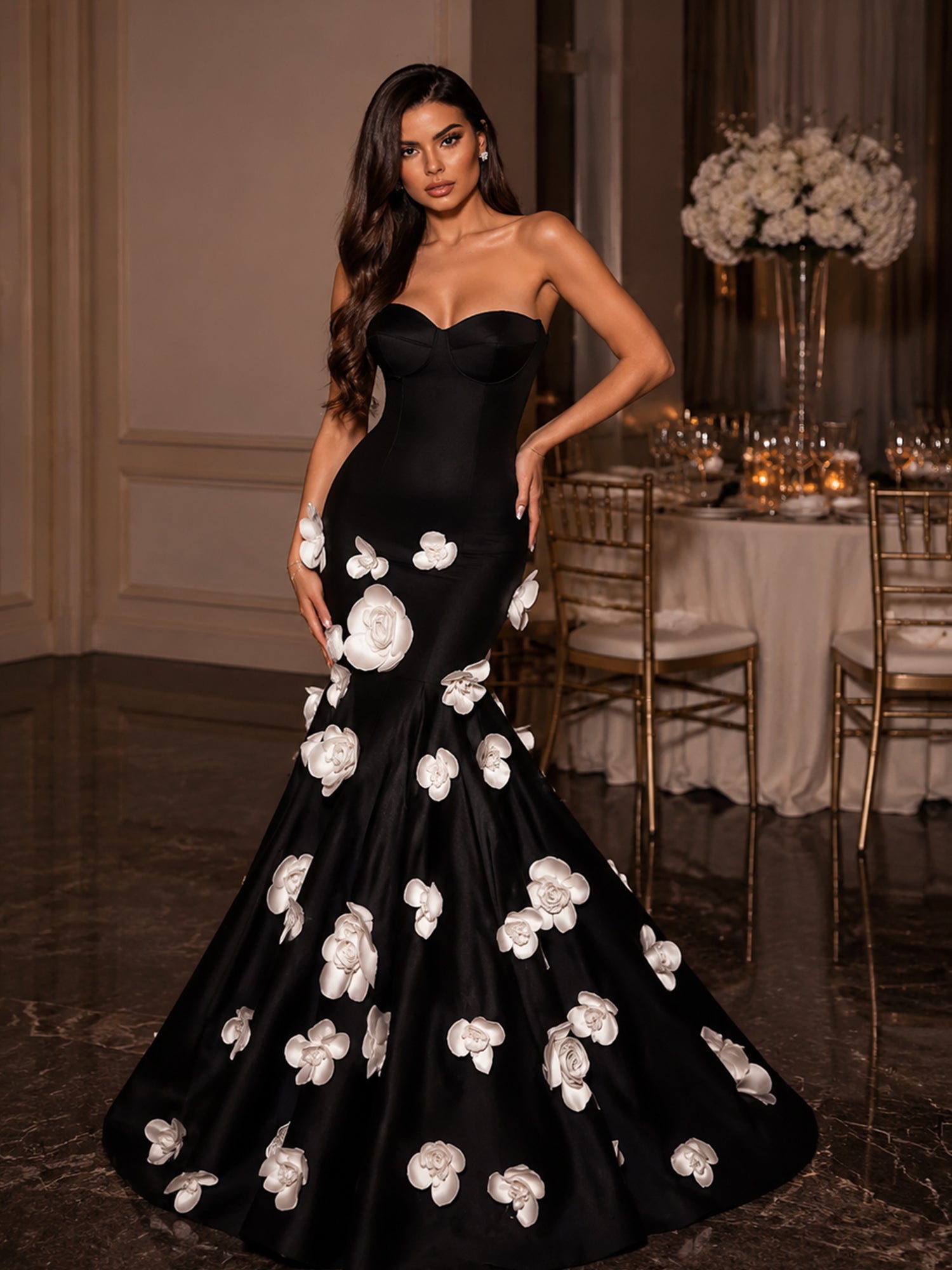 Black 3D White Floral Bustier Mermaid Wedding Guest Dress Evening Gown