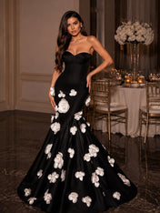 Black 3D White Floral Bustier Mermaid Wedding Guest Dress Evening Gown