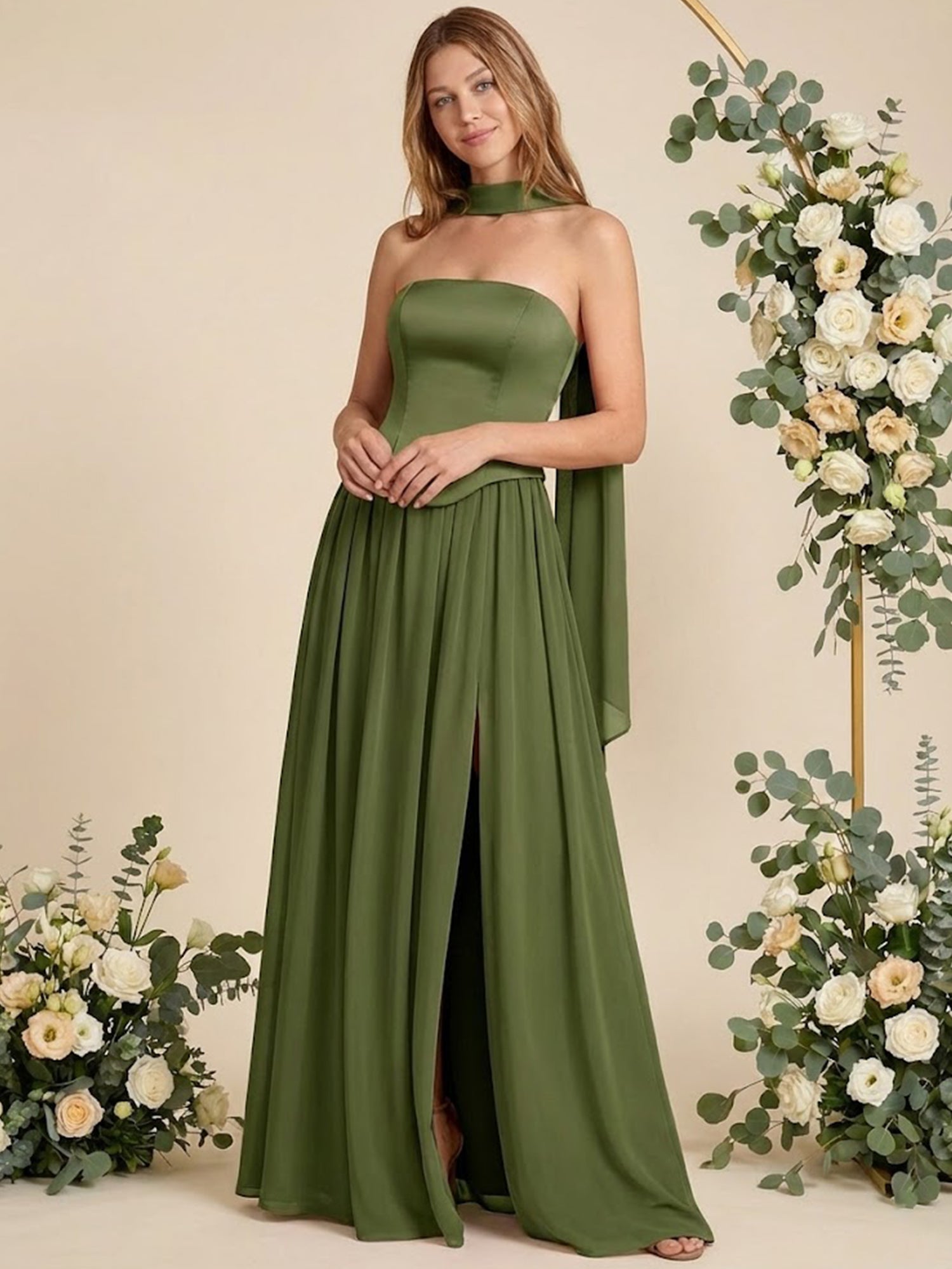 Strapless Pleat A Line Chiffon Long Bridesmaid Dresses with Scarf
