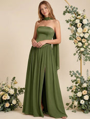 Strapless Pleat A Line Chiffon Long Bridesmaid Dresses with Scarf