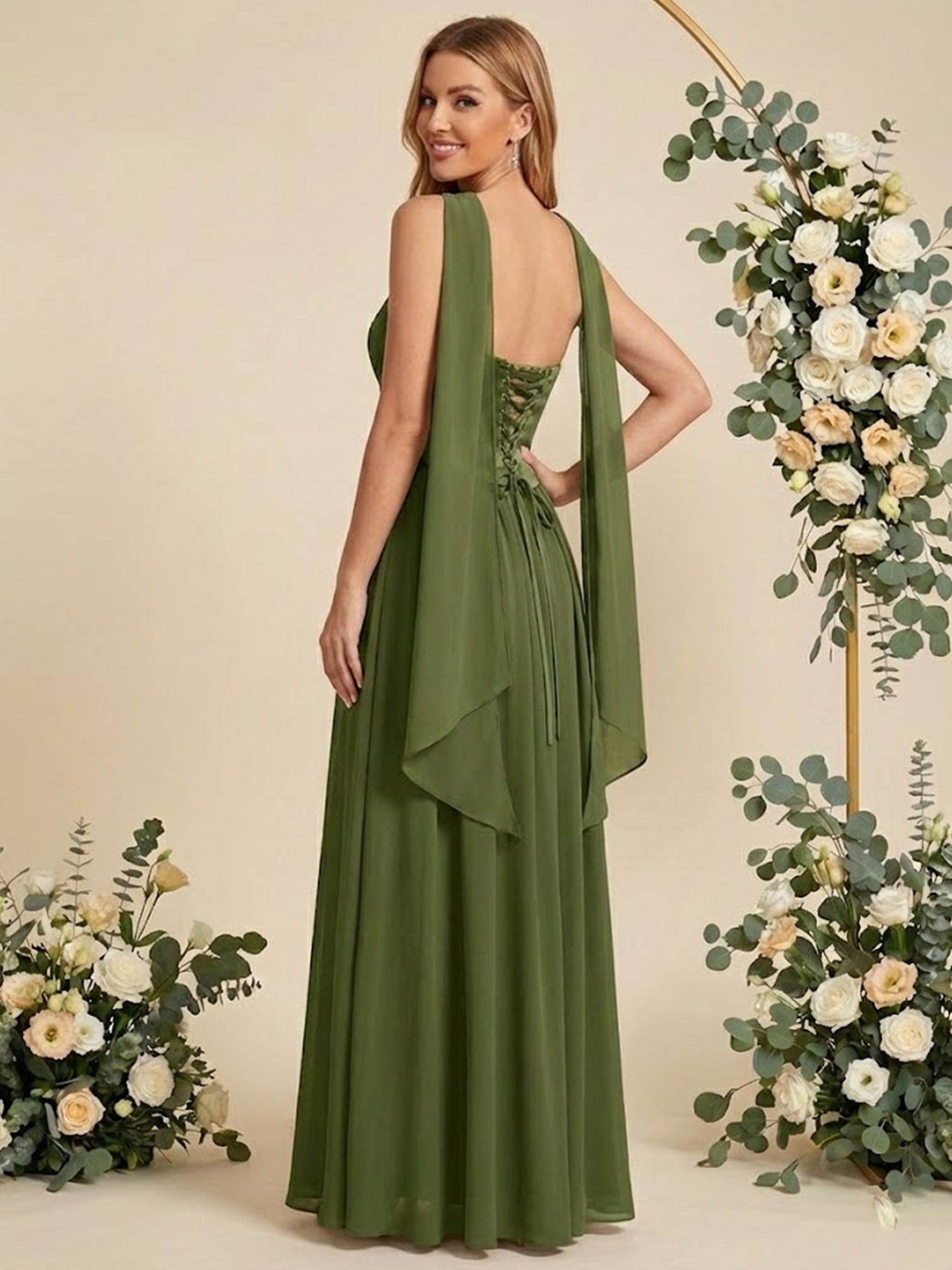 Strapless Pleat A Line Chiffon Long Bridesmaid Dresses with Scarf