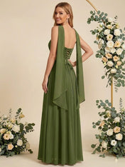 Strapless Pleat A Line Chiffon Long Bridesmaid Dresses with Scarf