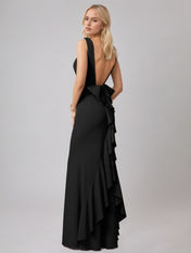 Black Sheath/Column Satin Scoop Neck Sleeveless Floor Length Dress With Bow